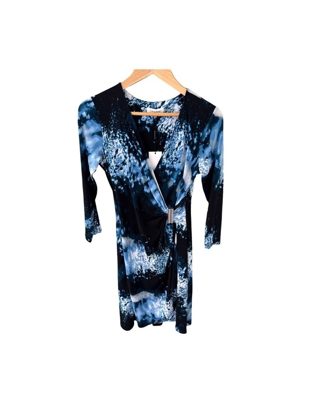 Calvin Klein Blue Black Abstract Print Faux Wrap V-Neck Dress NWT Size XS